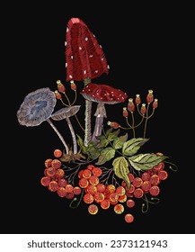 Wild forest art. Embroidery mushrooms and red berries of mountain ash. Fashion autumn nature template for clothes, textiles, t-shirt design. Fly agarics