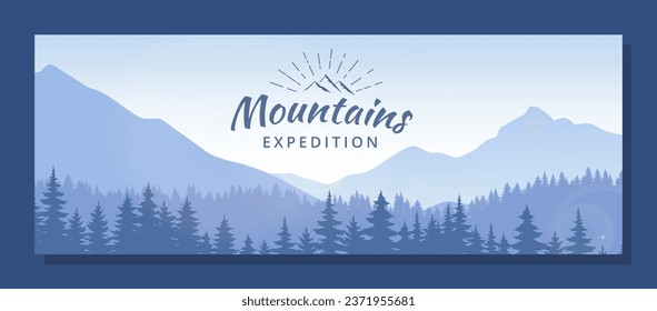 Wild forest banner concept. Silhouettes of mountains and trees. Beautiful landscape and panorama. Cover or poster for website. Cartoon flat vector illustration isolated on blue background