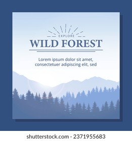 El concepto de pancarta de los bosques silvestres. Silhouettes de montañas y árboles. Servicio de senderismo y camping. Elemento gráfico para el sitio web. Dibujo vectorial plano de dibujos animados aislado en fondo azul