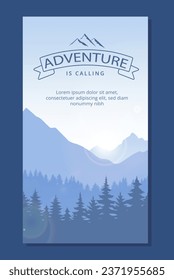 Wild forest banner concept. Silhouettes of mountains and trees. Active lifestyle, hiking and camping. Cover or poster. Cartoon flat vector illustration isolated on blue background