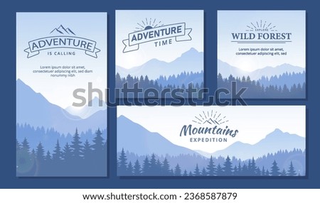 Wild forest banners set. Silhouettes of mountains and trees. Natural landscape and beatiful panorama. Posters or covers pack. Cartoon flat vector collection isolated on blue background