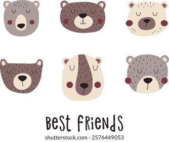 Wild forest bears set. Funny bear faces with lettering for postcards and posters. Perfect for a cute t-shirt design.