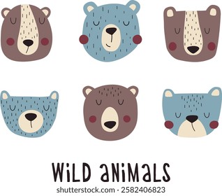 Wild forest bears set. Funny faces of bears. Perfect for cute t-shirts, cards and posters.	