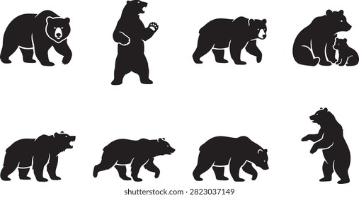Wild forest bears in standing running and roaring poses