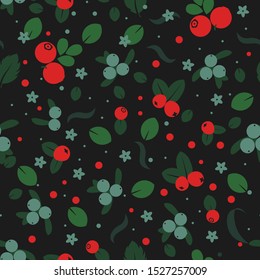 Wild forest berries and flowers vector seamless pattern. Retro style floral background, cute vintage template for wrapping paper, web design, patchwork, sewing or sheet fabric