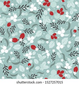 Wild forest berries and flowers vector seamless pattern. Retro style floral background, cute vintage template for wrapping paper, web design, patchwork, sewing or sheet fabric