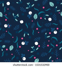 Wild forest berries and flowers vector seamless pattern. Retro style floral background, cute vintage template for wrapping paper, web design, patchwork, sewing or sheet fabric