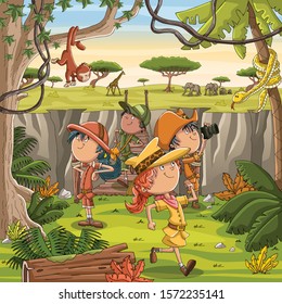 Wild forest with cartoon children crossing a wodden bridge. Adventure in the african jungle.
