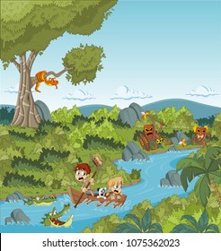 Wild forest with cartoon children on a boat. Adventure on dangerous jungle.

