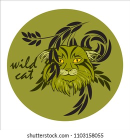 wild forest cat among foliage and branches, vector illustration