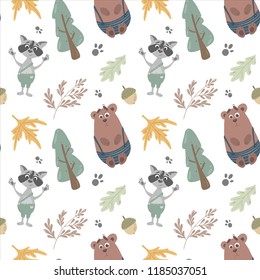 Wild forest cute animals vector seamless pattern with a bear and a raccoon. Kids prints.