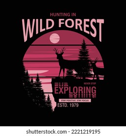 wild forest, wild deer adventure silhouette, vector graphic for t shirt prints and other uses. poster, sticker, wall murals 