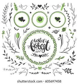 Wild forest floral collection with flowers, herbs, floral wreaths, birds and hearts isolated on white. Vector floral decorations isolated on white background.