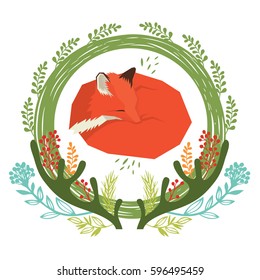 Wild forest Floral round frame with red fox