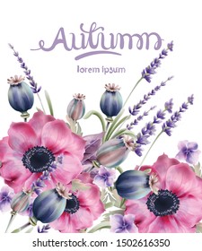 Wild forest flowers bouquet card vector watercolor. Isolated background. Provence flowers banner