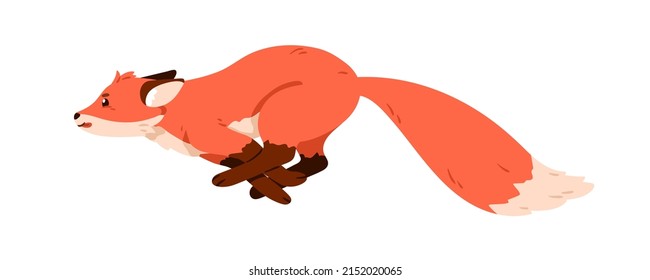 Wild forest fox running away, jumping. Profile of swift animal in movement. Fast motion of cute foxy pup with orange fluffy tail, side view. Flat vector illustration isolated on white background