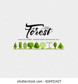 Wild forest illustration with calligraphy and flat style tree icons.