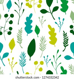 Wild forest leaves seamless pattern. Colored branch berry Illustration. Vector illustration on white background