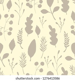 Wild forest leaves seamless pattern. Gray branch berry Illustration. Vector illustration on gold background