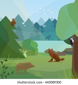 Wild forest in low polygon style. Vector illustration of forest animals in low polygon style.