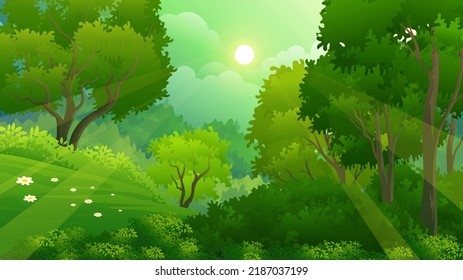 Wild forest with lush grass and trees tropical forest vector illustration