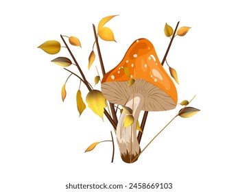 Wild forest mushroom. Autumn bush with branches and yellow leaves. Poisonous or edible mushroom. Nature, environment, seasonal plant. Raw, fresh fungi. Vector illustration.