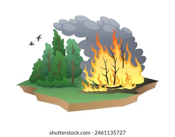 Wild forest on fire 2D cartoon objects. Flame destroying woodland and habitats. Dangerous natural disaster vector scene on white background