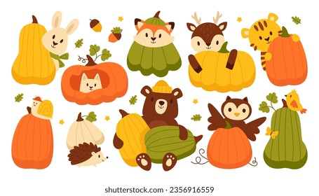 Wild forest, pet animal character with ripe pumpkin autumn thanksgiving holiday vegetable set. Bear, fox, cat, snail insect, owl bird, deer, tiger, hedgehog and hare kawaii mascot vector illustration