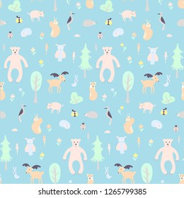 Wild forest seamless pattern. Cute animal and plant forest vector color characters on blue. Sketch fox, rabbit, hare, bear, fir tree, flowers, mushroom, great tit, hedgehog, squirrel, woodpecker, pig,