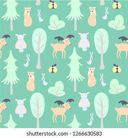 Wild forest seamless pattern. Cute animal and plant forest vector color characters on green. Sketch fox, rabbit, hare, bear, fir tree, great tit, elk, reindeer, owl in pastel blue, pink, green