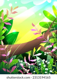 Wild forest and a tree trunk fairytale wallpaper with colorful greenery leaves and flowers. Summertime forest or woods illustration for choldren. Vector jungle cartoon background for kids.