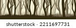 Wild forest with various coniferous or deciduous trees. Wide horizontal banner with various tree trunks silhouettes and grass. Dark misty pine forest landscape, panorama. Vector illustration