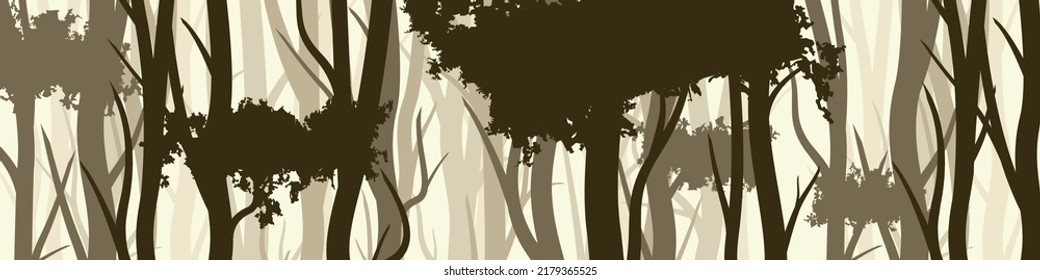 Wild forest with various coniferous or deciduous trees. Wide horizontal banner with various tree trunks silhouettes. Dark misty pine forest landscape, panorama. Vector illustration