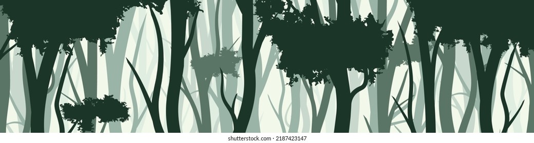 Wild forest with various coniferous or deciduous trees. Wide horizontal banner with various tree trunks silhouettes. Dark misty pine forest landscape, panorama. Vector illustration