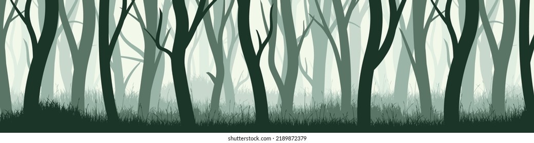 Wild forest with various coniferous or deciduous trees. Wide horizontal banner with various tree trunks silhouettes and grass. Dark misty pine forest landscape, panorama. Vector illustration