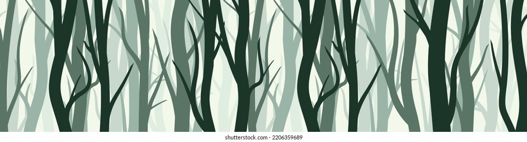 Wild forest with various coniferous or deciduous trees. Wide horizontal banner with various tree trunks silhouettes. Dark misty pine forest landscape, panorama. Vector illustration