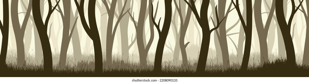 Wild forest with various coniferous or deciduous trees. Wide horizontal banner with various tree trunks silhouettes and grass. Dark misty pine forest landscape, panorama. Vector illustration