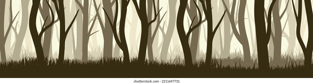Wild forest with various coniferous or deciduous trees. Wide horizontal banner with various tree trunks silhouettes and grass. Dark misty pine forest landscape, panorama. Vector illustration