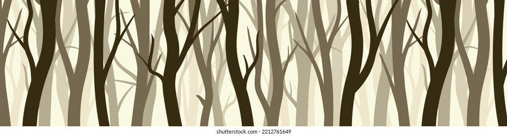 Bosque silvestre con varios árboles de coníferas o caducifolios. Banner horizontal amplio con varias siluetas de troncos de árbol. El paisaje del bosque de pinos, con una niebla oscura, y el panorama. Ilustración del vector
