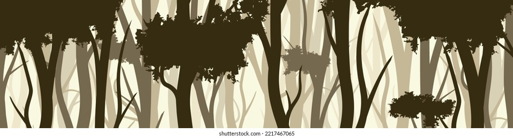 Wild forest with various coniferous or deciduous trees. Wide horizontal banner with various tree trunks silhouettes. Dark misty pine forest landscape, panorama. Vector illustration