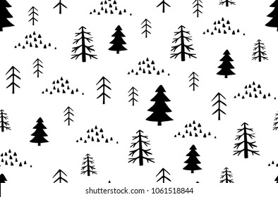 Arrière-plan vectoriel forêt sauvage. Motif harmonieux de style scandinave avec arbres.