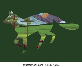 wild fox animal nature silhouette in landscape scene vector illustration design