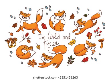 Wild fox in the autumn forest. Set of autumn illustration. Vector
