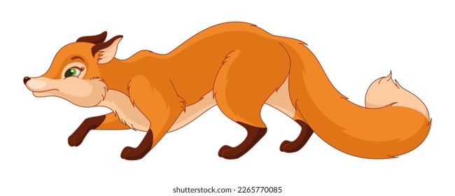 Wild fox hunts down prey, crouching fox cartoon vector illustration