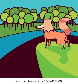 wild fox on a nature landscape vector illustration design