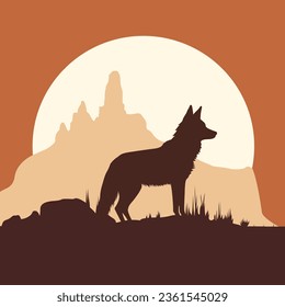 A wild fox, poised on a rocky perch, embraces the sun's farewell in a captivating twilight silhouette.