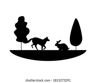 wild fox and rabbit animals nature silhouette vector illustration design