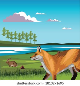 wild fox and rabbit in the landscape scene vector illustration design