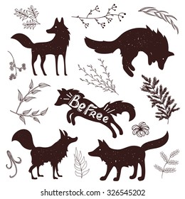 Wild fox silhouettes with lettering quote. Vintage isolated forest animals and plants vector set. Typography poster design, scrap booking floral elements, print template