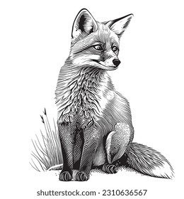 Wild fox sitting hand drawn sketch in doodle style llustration